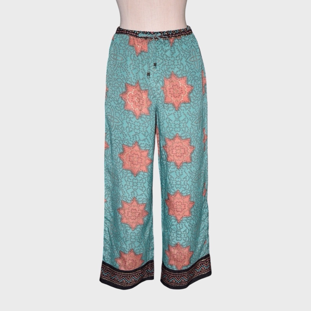 Soft Surroundings Petite Printed Wide Leg Pants with Drawstring Waist